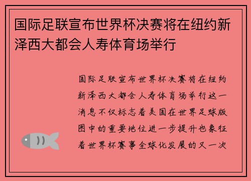 国际足联宣布世界杯决赛将在纽约新泽西大都会人寿体育场举行