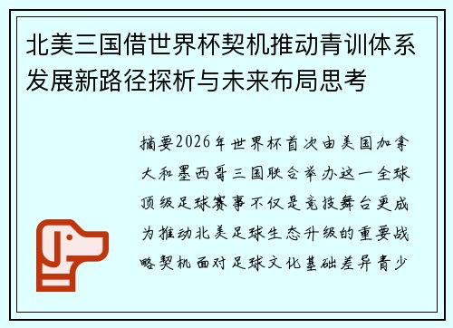 北美三国借世界杯契机推动青训体系发展新路径探析与未来布局思考